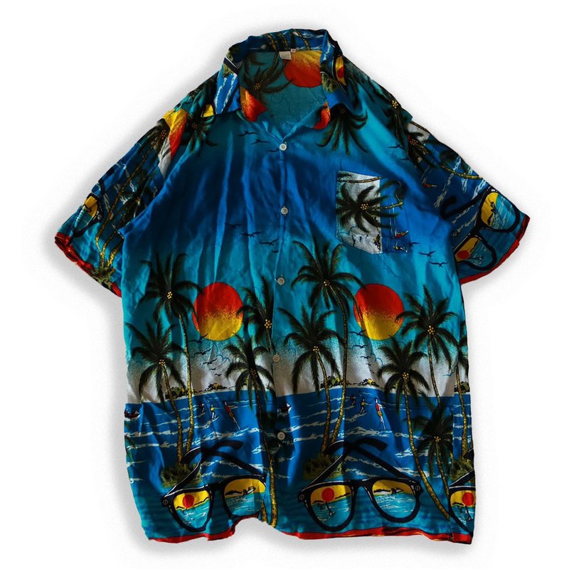 -Liangguangshi Vintage Summer Sale-Sunset Big Picture Shirt - Men's Shirts - Other Materials Blue