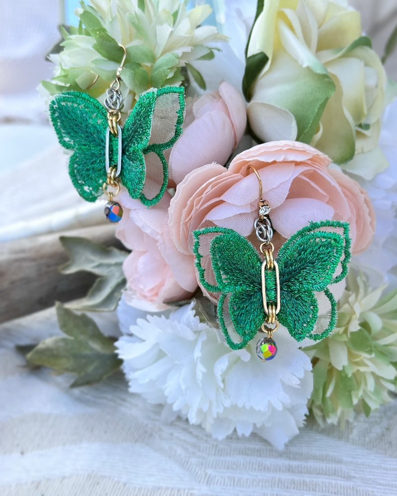 Butterfly Lace Earrings (Emerald) Embroidered Floral Mother's Day Gift - Earrings & Clip-ons - Crystal Green