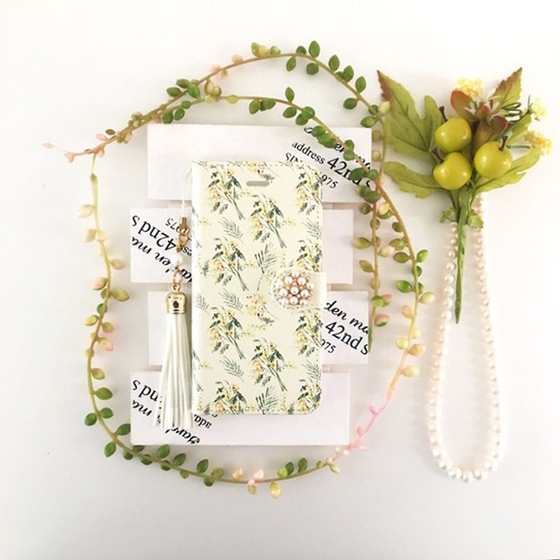 pajour) Light and vivid watercolor paint Mimosa pattern notebook type case [pajour] [floral pattern] [mimosa] - Phone Cases - Genuine Leather Yellow