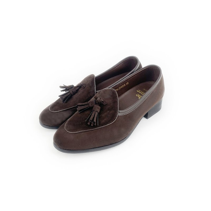 Hong Kong brand spot suede tassels Belgian loafers brown - รองเท้าอ็อกฟอร์ดผู้หญิง - หนังเทียม สีนำ้ตาล