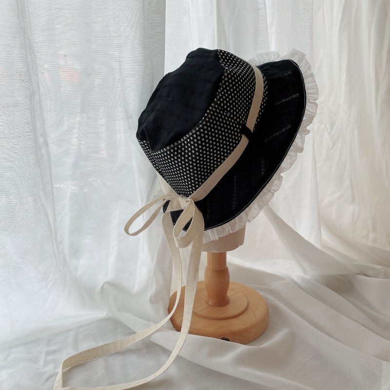 綁帶雙面漁夫帽 - 帽子 - 棉．麻 黑色