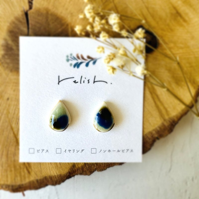 [Resale] Yachimun Style Pottery Kintsugi Line Clip-On Non-hole Earrings Ceramic Lapis Drops Japanese Modern Simple - Earrings & Clip-ons - Pottery Blue