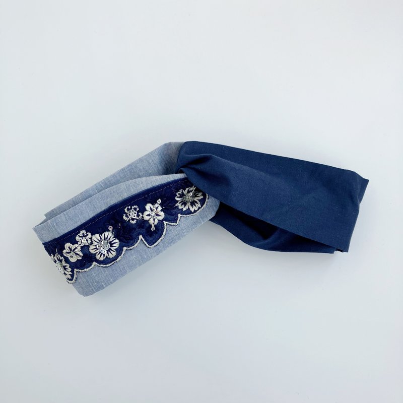 現貨 日本刺繡緞帶 深藍色隨形花朵 牛仔藍 日本布 交叉髮帶 夏日 - 髮箍/髮帶 - 棉．麻 藍色