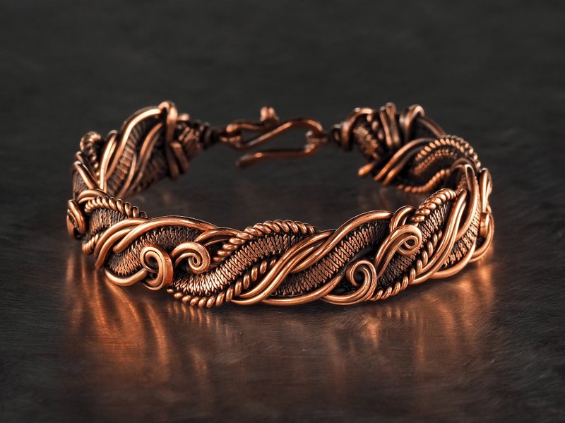Copper wire wrapped bracelet for woman / 7th Anniversary gift / Unique art style - Bracelets - Copper & Brass Gold