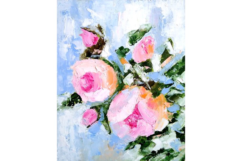 Pink Roses Wall Art, Flowers Original Painting, Floral Picture, Gift for Woman - โปสเตอร์ - วัสดุอื่นๆ หลากหลายสี