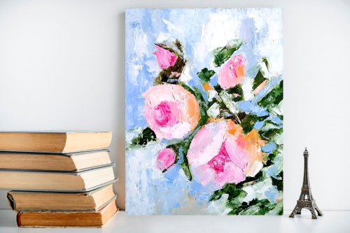 油絵 絵画【ピンク薔薇】【Ａ4】 ピンクの花のオリジナルの絵画、バラの壁の芸術、花のアート