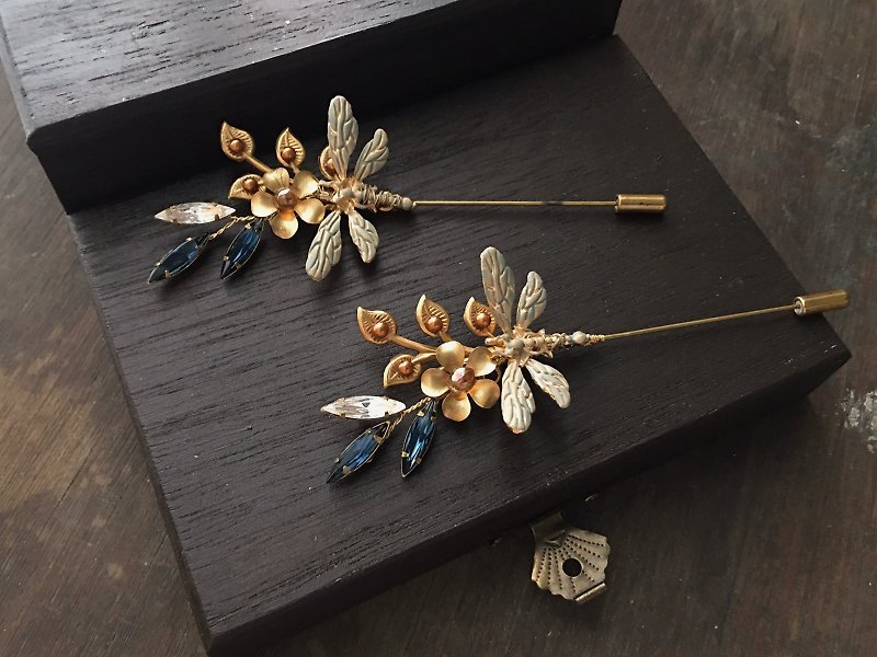 西洋古董風  仰望星光 蜻蜓水晶胸針 - 胸針 - 銅/黃銅 