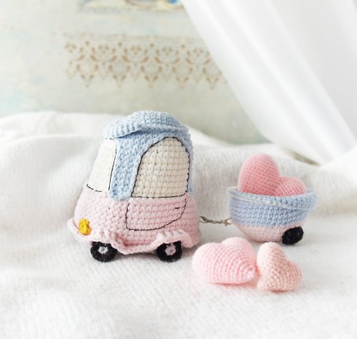 CozyToysByOreshek Cute toy car with hearts, Car toy with traile, Stuffed toy for toddlers