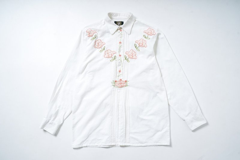 照舊 古著 提洛上衣9 手工刺繡 長袖 襯衫 vintage - 女上衣/長袖上衣 - 棉．麻 白色