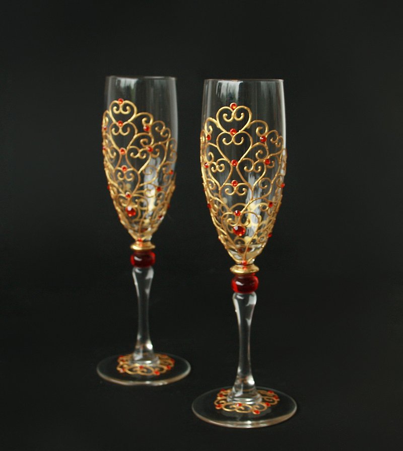 Red Gold Wedding Glasses Champagne Swarovski Tree of Life - แก้วไวน์ - แก้ว สีแดง