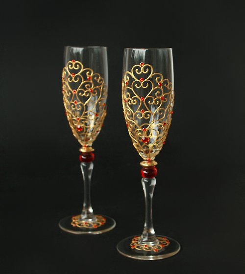 NeA Glass Red Gold Wedding Glasses Champagne Swarovski Tree of Life