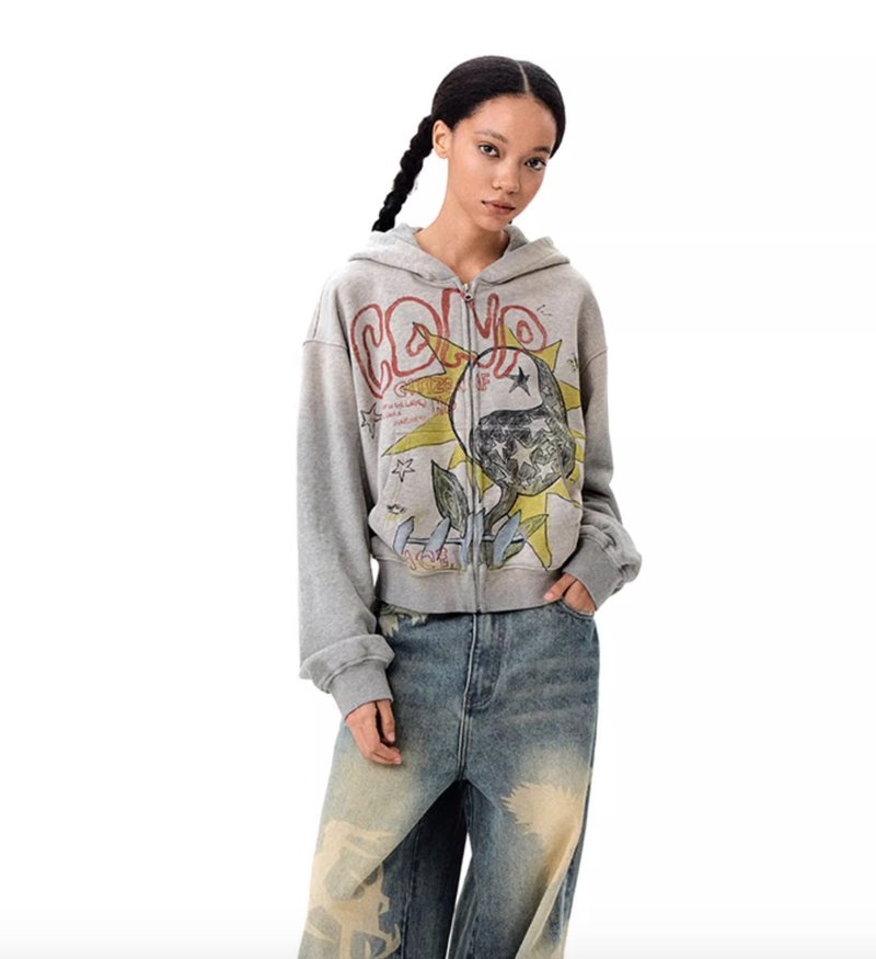 Japanese retro star tai chi flower sweatshirt - Women's Tops - Other Materials Gray