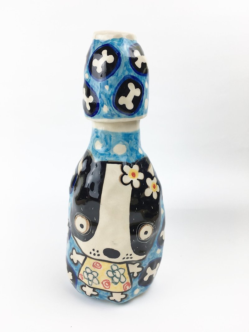 Nice Little Clay hand painted water bottle _ dog 112551 - เซรามิก - ดินเผา สีน้ำเงิน