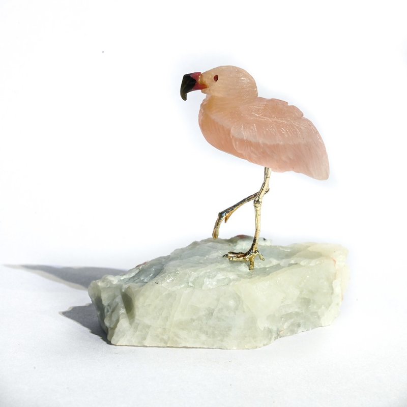 水晶鳥 粉晶紅鶴-海水藍寶紅碧璽座 - 擺飾/家飾品 - 水晶 粉紅色