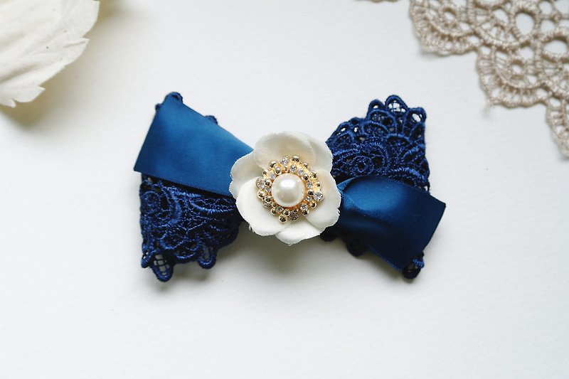 Ribbon Bow Royal Blue Pearls Hair Bow Accessories Gift HA0224 - เครื่องประดับผม - ผ้าฝ้าย/ผ้าลินิน สีน้ำเงิน