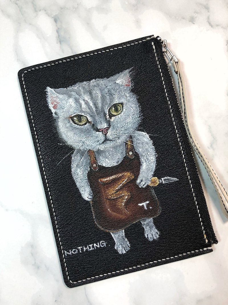 Hand-painted pattern cobbler cat leather coin purse | mobile phone bag | small wallet | clutch bag - Clutch Bags - Genuine Leather Black