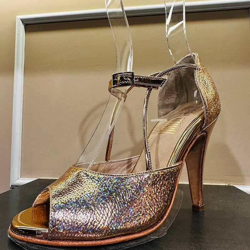Thelma bright gold parallel buckle bag shoes - รองเท้าส้นสูง - หนังแท้ สีทอง