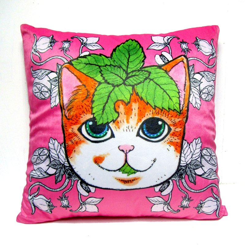 GOOKASO 粉紅色 薄荷葉貓咪頭像抱枕CUSHION 枕套 枕芯 套裝 可拆洗 - 枕頭/咕𠱸 - 聚酯纖維 綠色
