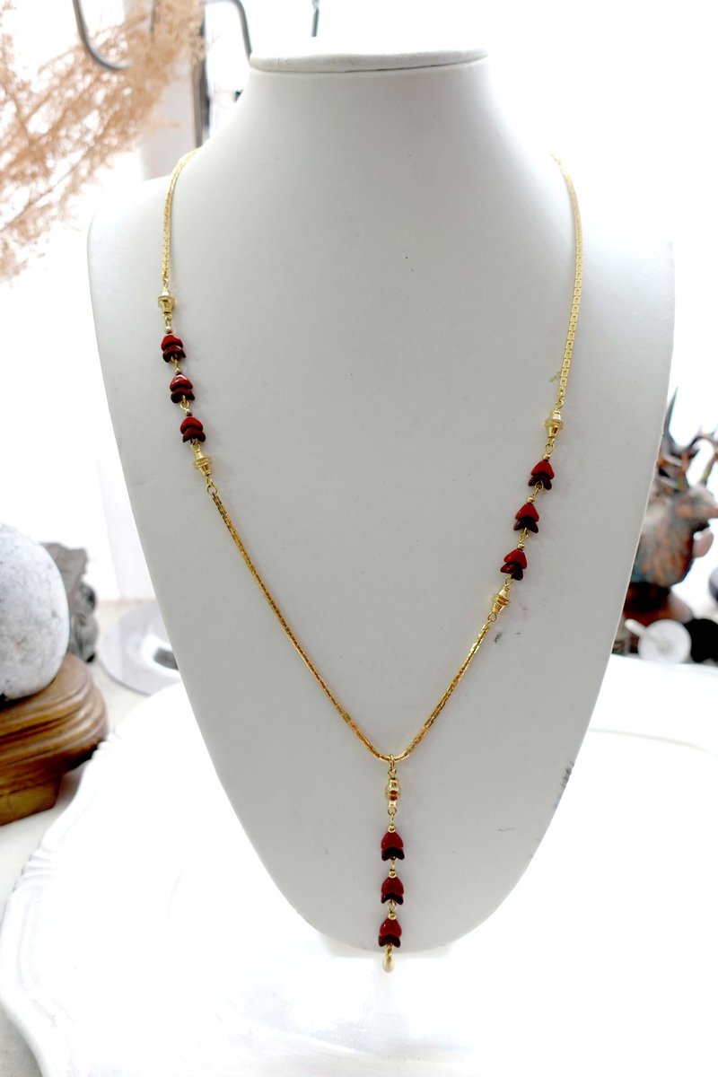 Japanese middle-aged gold chain red fish-shaped jade necklace pendant necklace high-end second-hand vintage jewelry - สร้อยคอ - โลหะ สีแดง