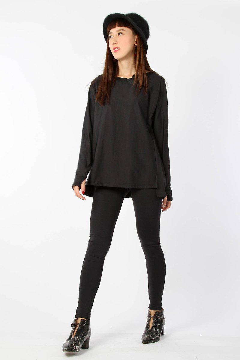 Staggered collar shirt with long sleeves finger hole - Women's Tops - Polyester Black