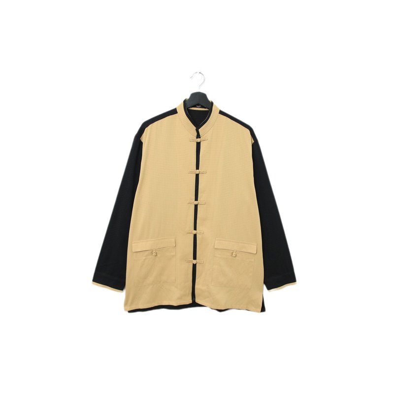 Back to Green-長袖襯衫 拼接黑與卡其中山裝T-09//vintage shirt - 男襯衫/休閒襯衫 - 棉．麻 