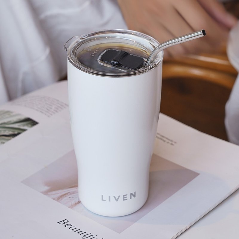 Qiantangxuan Living Porcelain | Yuedong Cup / with lid + Stainless Steel straw / 5 colors 570ml - กระบอกน้ำร้อน - เครื่องลายคราม หลากหลายสี