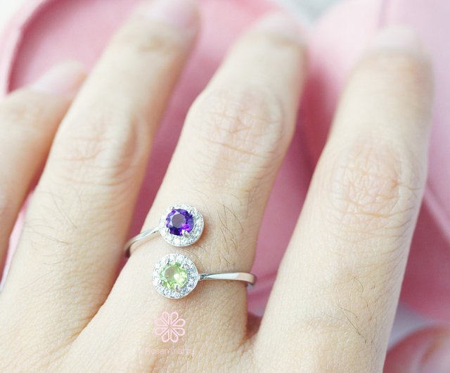 アメジスト＆ペリドットの925シルバーリング。調節可能タイプです。 本物のアメジスト ペリドット リング、スターリングシルバー