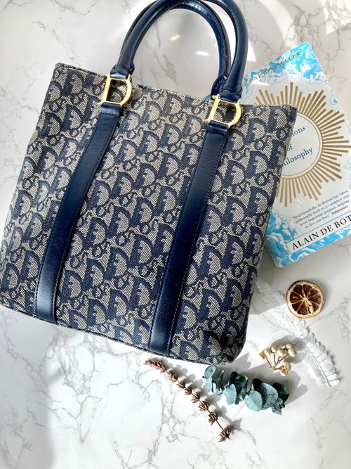 Dior フラワー装飾 バッグ LA LUNE】中古 Christian Diorブルーオールドフラワー トート