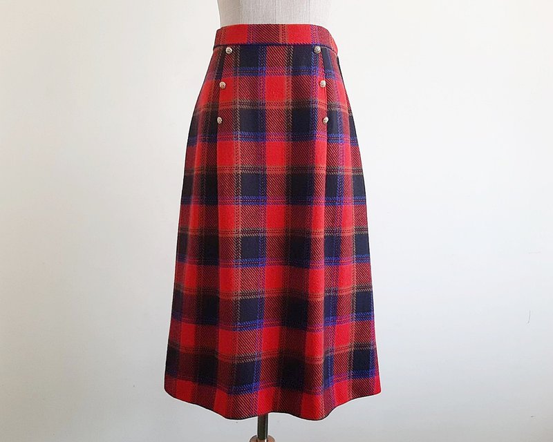 Vintage Black Red Blue Plaid Skirt - 裙子/長裙 - 其他材質 紅色