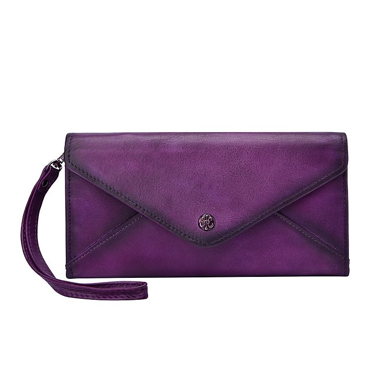 Handmade Genuine Leather Wallet Long with wrist strap - Purple - กระเป๋าคลัทช์ - หนังแท้ สีม่วง