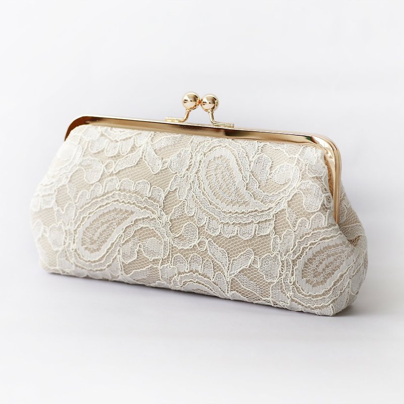 Handmade Clutch Bag in Champagne and Ivory  | Gift for Bridal, Bridesmaids, | Alencon Paisley Lace - Clutch Bags - Other Materials White
