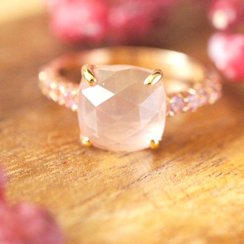 TRUTH - 9mm Cushion Rose Quartz with Garnet 18K Rose Gold Plated Silver Ring - General Rings - Gemstone Pink