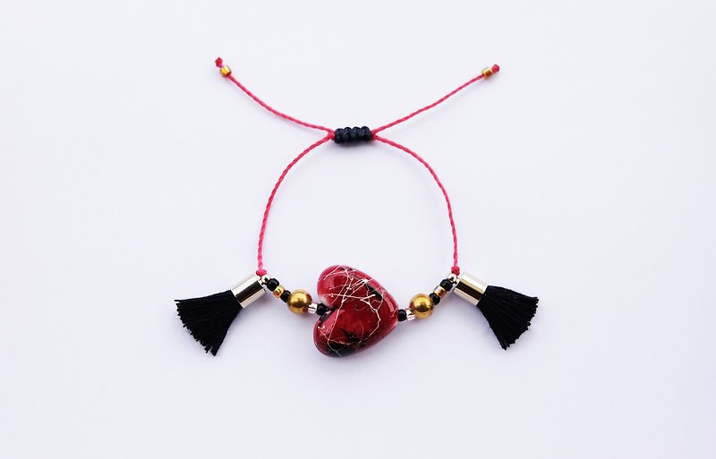 Red wine hand-painted heart black tassel string bracelet - Bracelets - Other Materials Red