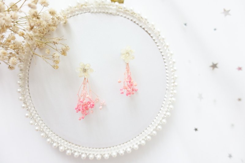 飛雪純銀耳環 粉紅色 滿天星乾燥花 可換耳夾 - 耳環/耳夾 - 植物．花 粉紅色