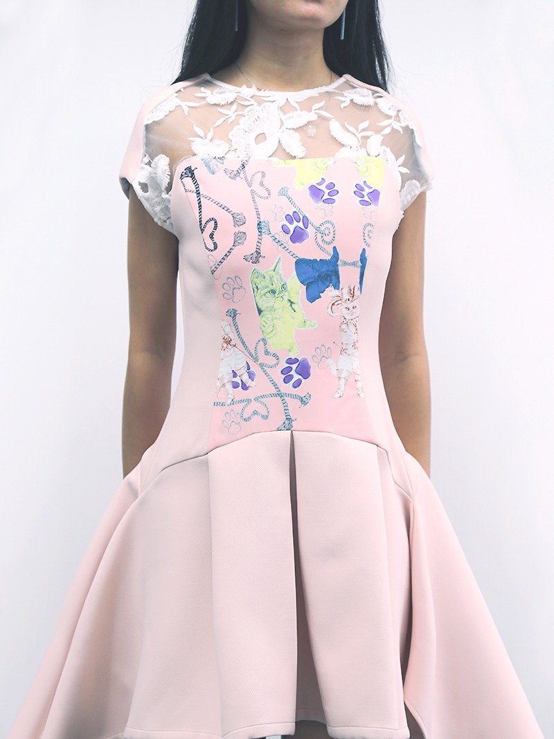 香港設計師品牌 Blind by JW 優雅連衣裙（貓咪） - 連身裙 - 聚酯纖維 粉紅色