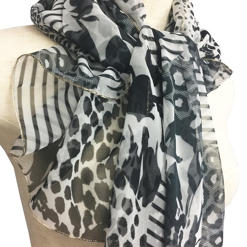 Ballett Multi Animal Print Chiffon Scarf Made in Japan - Knit Scarves & Wraps - Polyester Black