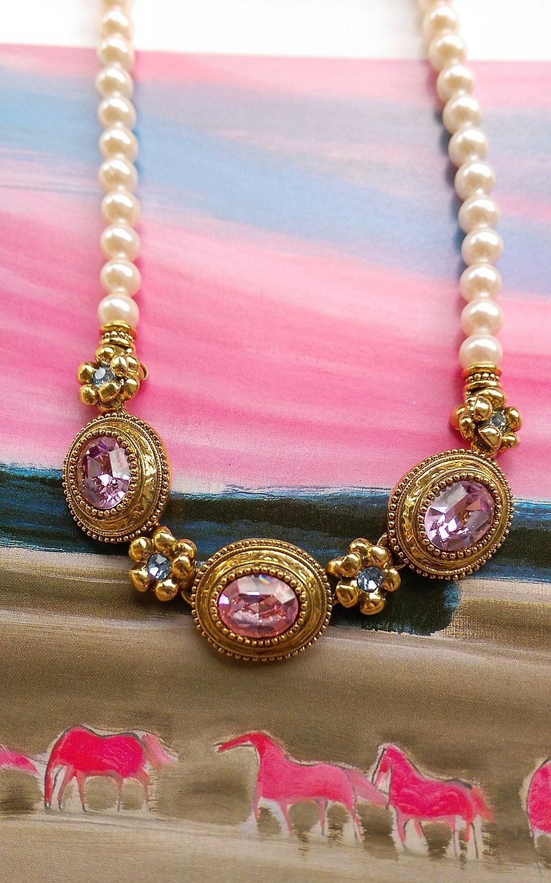[Western Antique Jewelry / Old Age] 1928 Victorian Elegant Pearl Necklace - Necklaces - Other Metals Pink