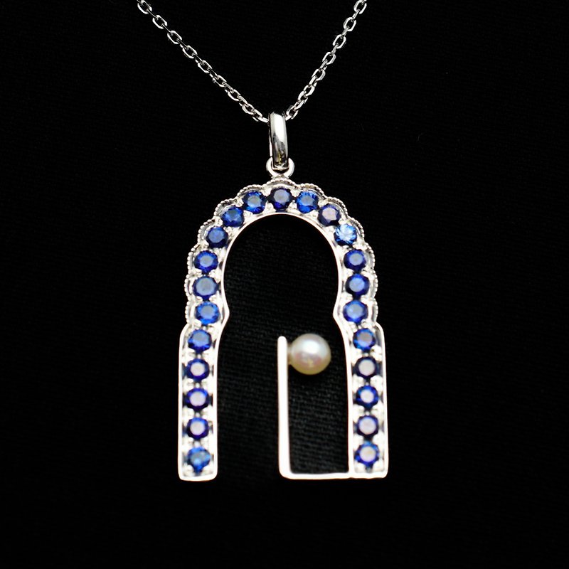 [Moroccan Series-Blue Door] Original 18K Gold Sapphire Pearl Necklace Pendant - Charms - Precious Metals 