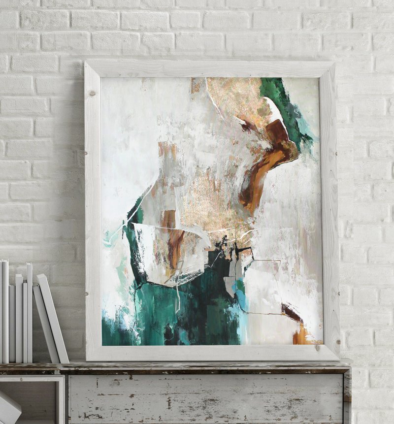 Emerald Gold Painting |  Emerald Gold Abstract | Emerald Art | Emerald Flow-5 - 壁貼/牆壁裝飾 - 棉．麻 綠色