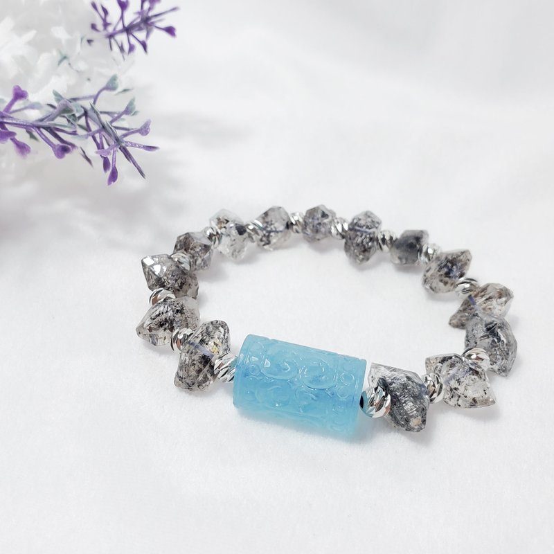 Natural Herkimon Shining Diamond Aquamarine Backgraund Wisdom Auspicious Brave Bracelet Single Item Gift - Bracelets - Gemstone Blue