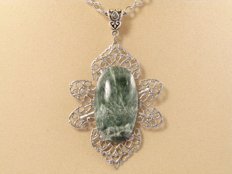 Seraphinite Necklace Green Gemstone Silver Filigree Pendant Necklace Jewelry - 項鍊 - 半寶石 綠色