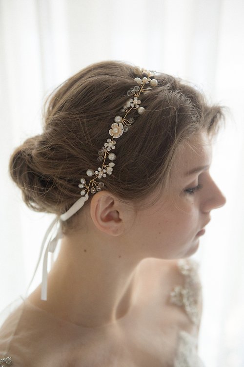 Dahlia Blanc 珍珠水晶小花新娘髮帶 頭飾 髮飾