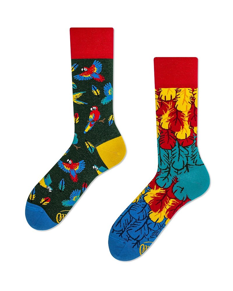 Paradise Parrot Mismatched Adult Crew Sock - ถุงเท้า - ผ้าฝ้าย/ผ้าลินิน สีแดง