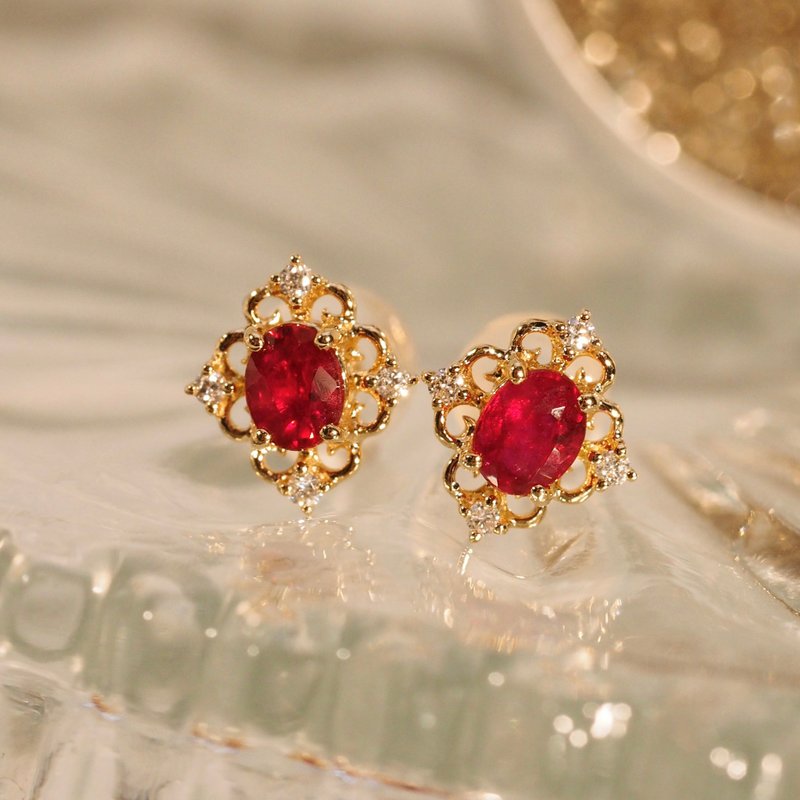 18K金鴿血紅寶石花宮耳環 18K Gold Pigeon Blood Ruby Floral Pa - 耳環/耳夾/耳骨夾 - 貴金屬 