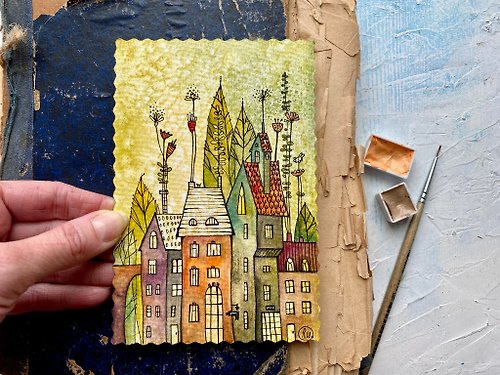 Rubinova Art Spring city painting Mini Original watercolor card Small artwork Miniature art