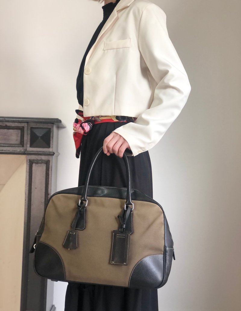 【 日本直送　名牌中古包 】PRADA プラダ ハンドバッグ ブラック×ベージュ コンビ レザー×キャンバス ボストンバッグ vintage 7dekxx - 手提包/手提袋 - 棉．麻 咖啡色