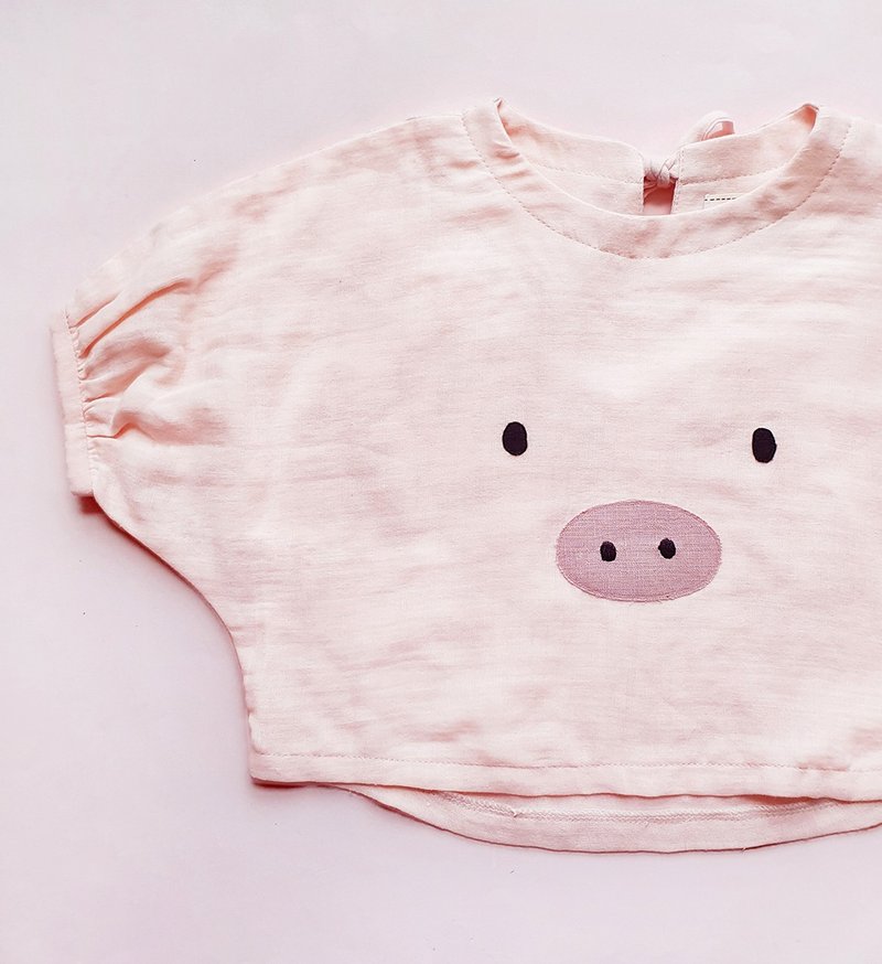 DOMOMO eats full mini pig air bubble sleeve loose top - Tops & T-Shirts - Cotton & Hemp Pink