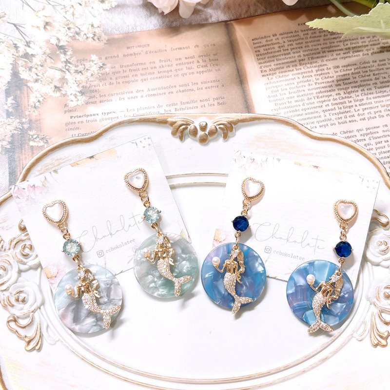 Shining beauty fisherman-style foreign-style mother-of-pearl earrings 925/14KGF earrings - Earrings & Clip-ons - Resin Blue