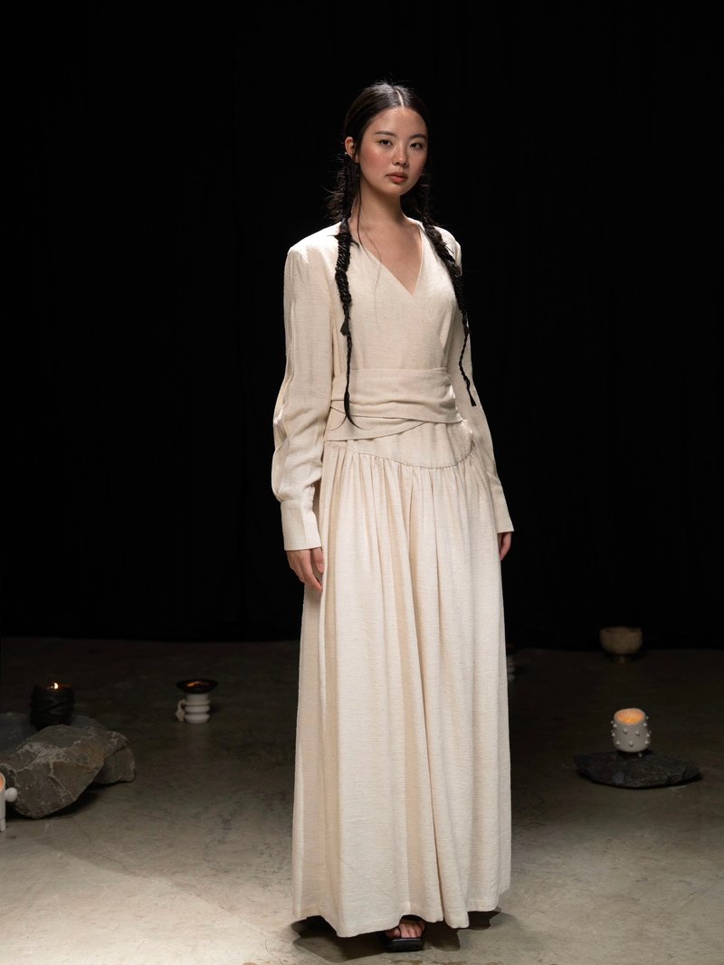新中式極簡 / 交領綁帶亞麻連身裙 - 洋裝/連身裙 - 其他材質 白色