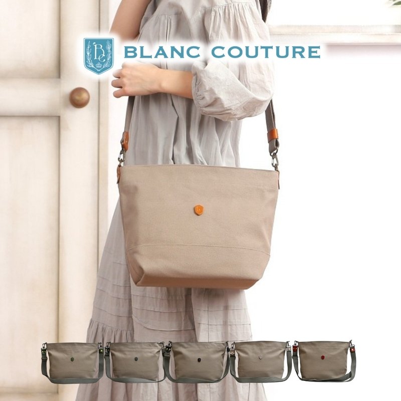 帆布ショルダーバッグ Mサイズ サンドベージュ×本革持ち手 - ショルダーバッグ - コットン・麻 ブラック